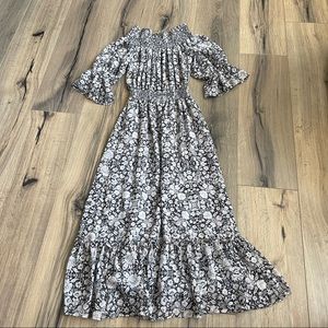 MISA Smocked Shoulder Ruffled Midi Dress Small